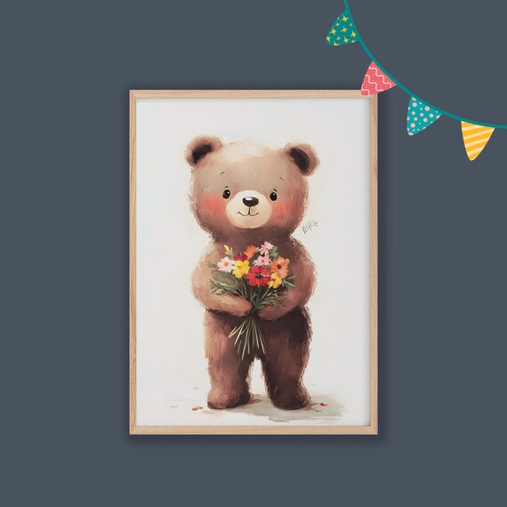 Watercolor Brown Bear Holding Colorful Flower Bouquet Sweet Nursery Art Poster
