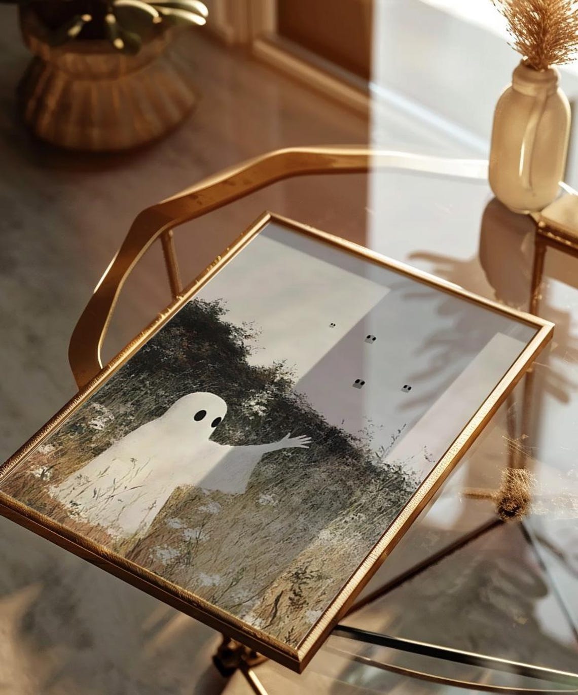 Cute Waving Ghost Meadow Trendy Vintage Halloween Art Poster - Image 3
