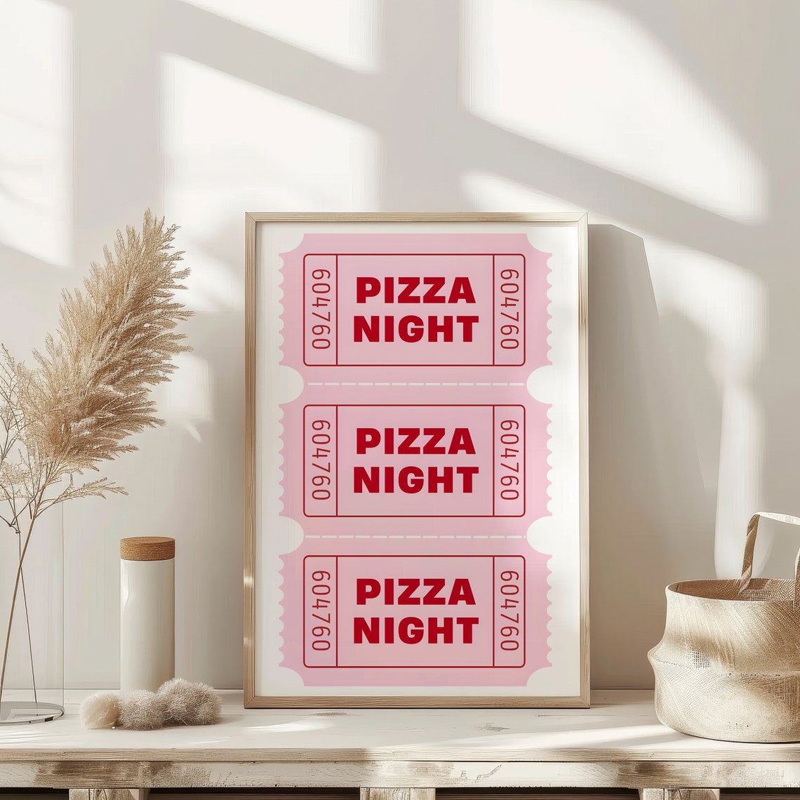 Fun Pizza Night Ticket Stub Retro Kitchen Decor Pink Wall Art