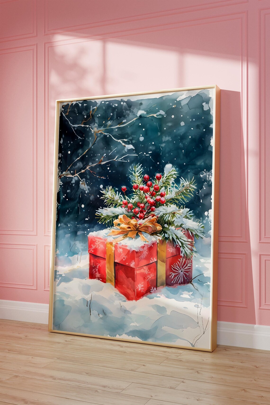Red Christmas Gift Box In Snow Watercolor Holiday Scene Art Poster - Image 3