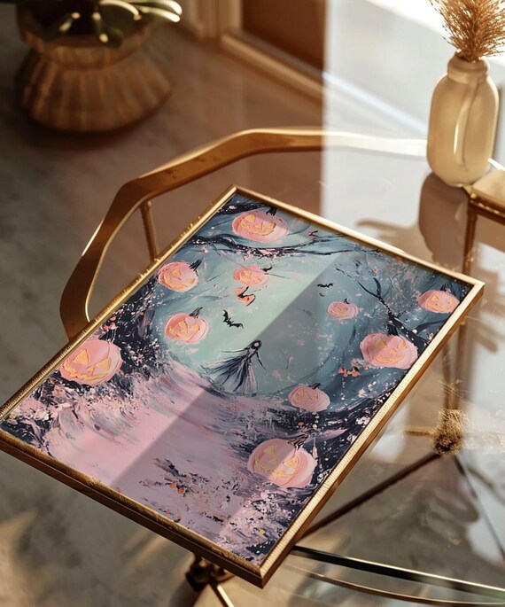Pink Halloween Pumpkins Witch Night Sky Vintage Style Art Poster