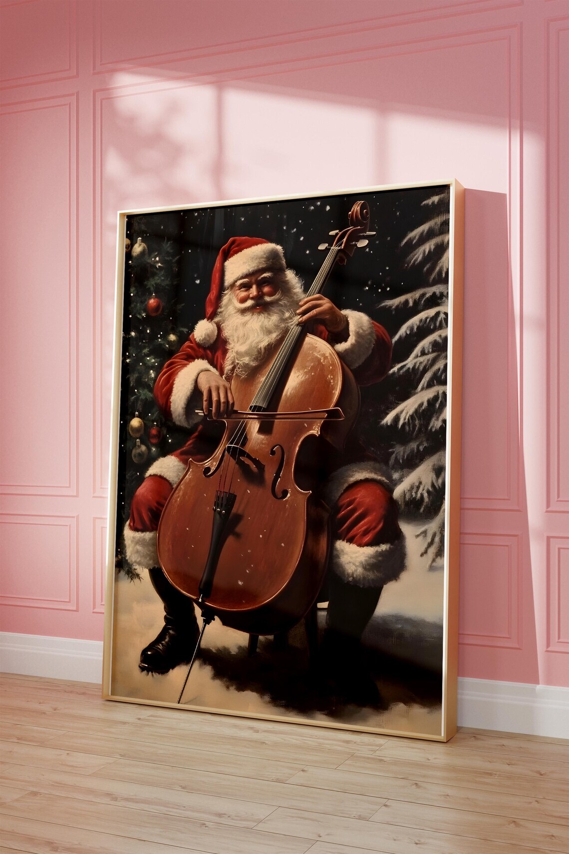 Santa Claus Playing Cello Snowy Night Vintage Christmas Poster - Image 3