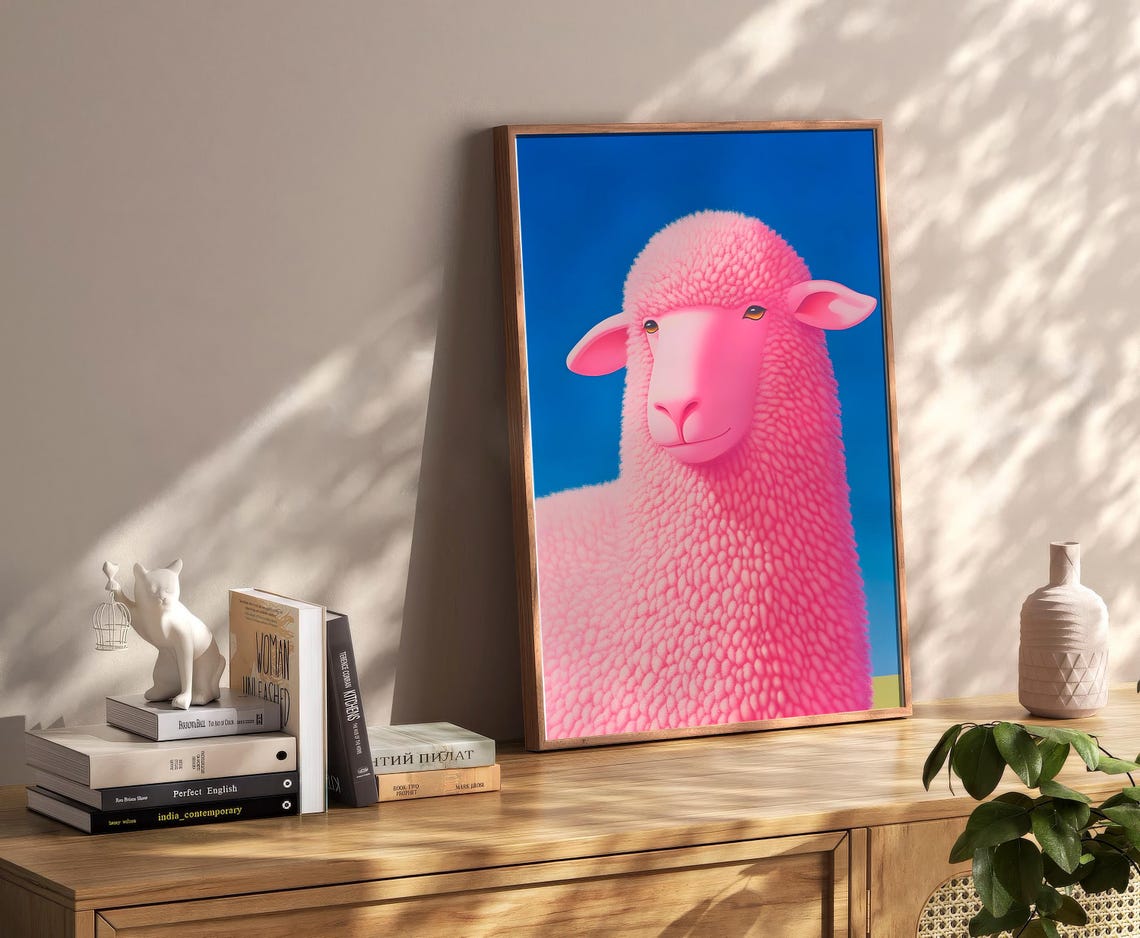 Smiling Pink Sheep On Bright Blue Sky Playful Cute Animal Poster - Image 2