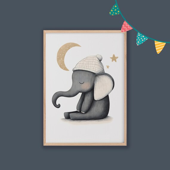 Sleepy Baby Elephant in Knit Hat Moon and Stars Nursery Poster