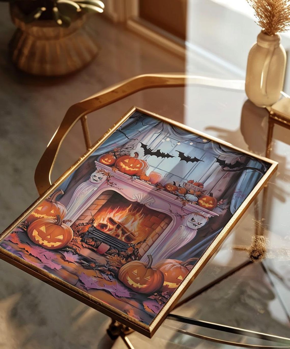 Cute Cozy Halloween Fireplace Mantel Pumpkins Bats Autumn Poster - Image 4