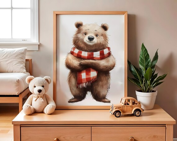 Brown Bear with Red Plaid Scarf Cute Winter Nursery Kids Poster