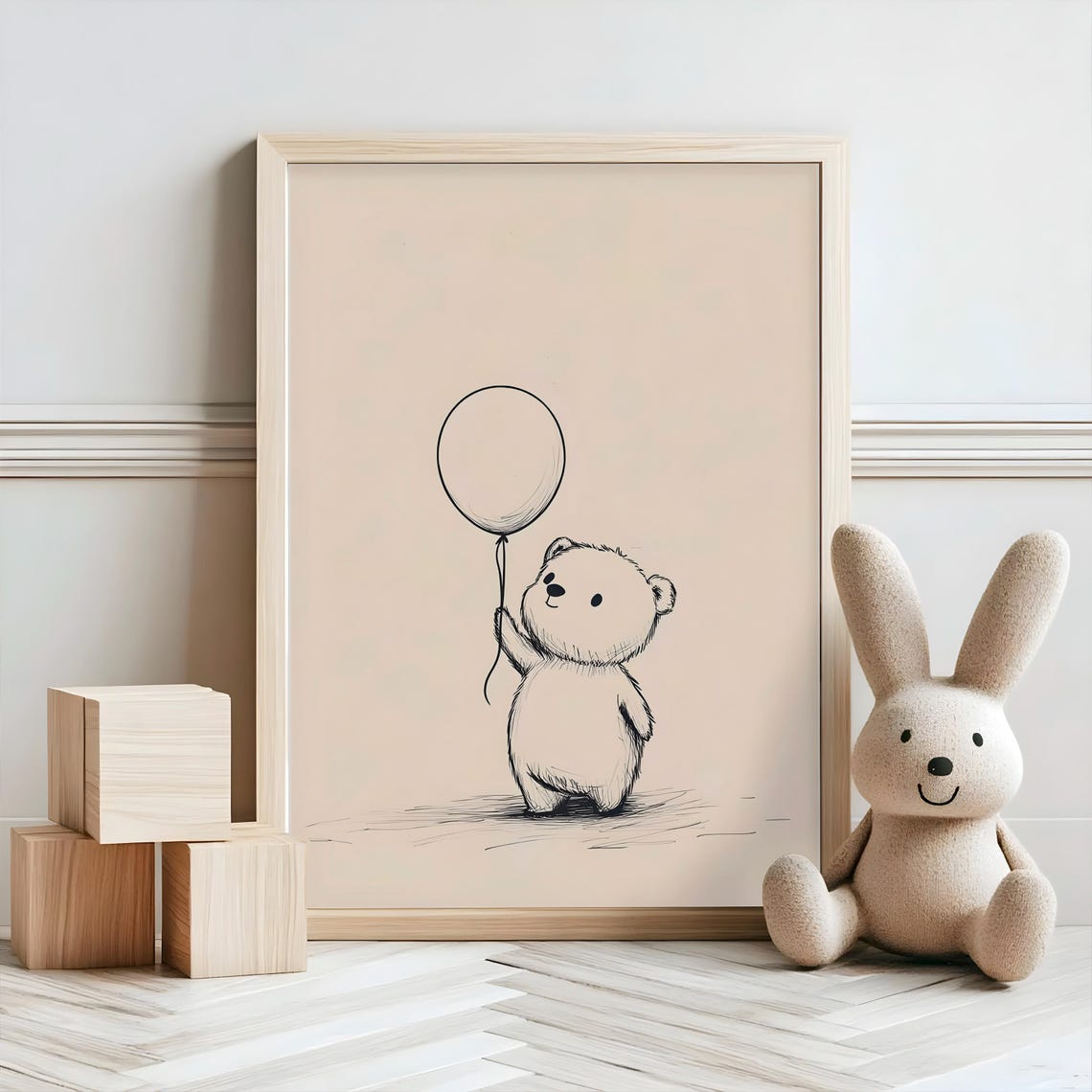 Teddy Bear Holding Balloon Minimalist Ink Sketch Nursery Poster - Image 2