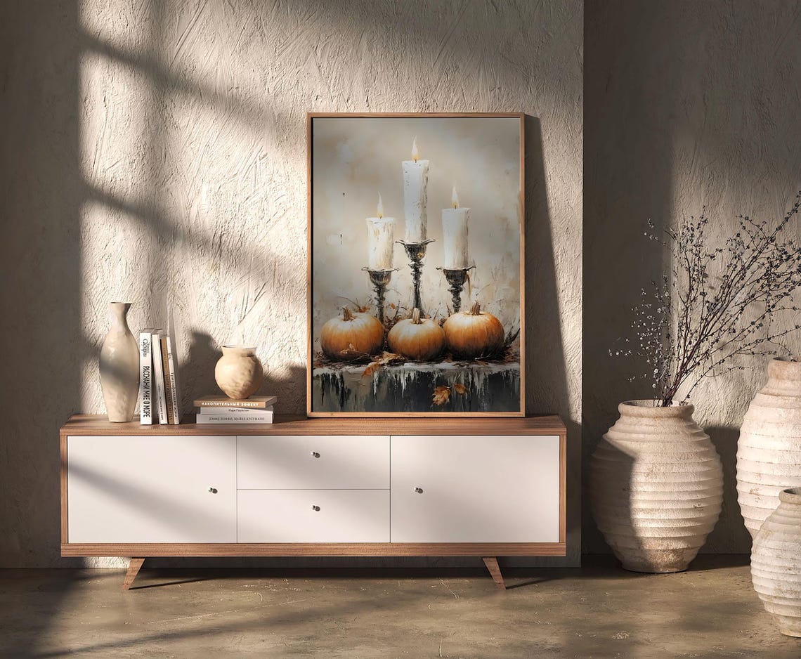 Golden Candlelight Pumpkins Warm Fall Harvest Still Life Poster - Image 2