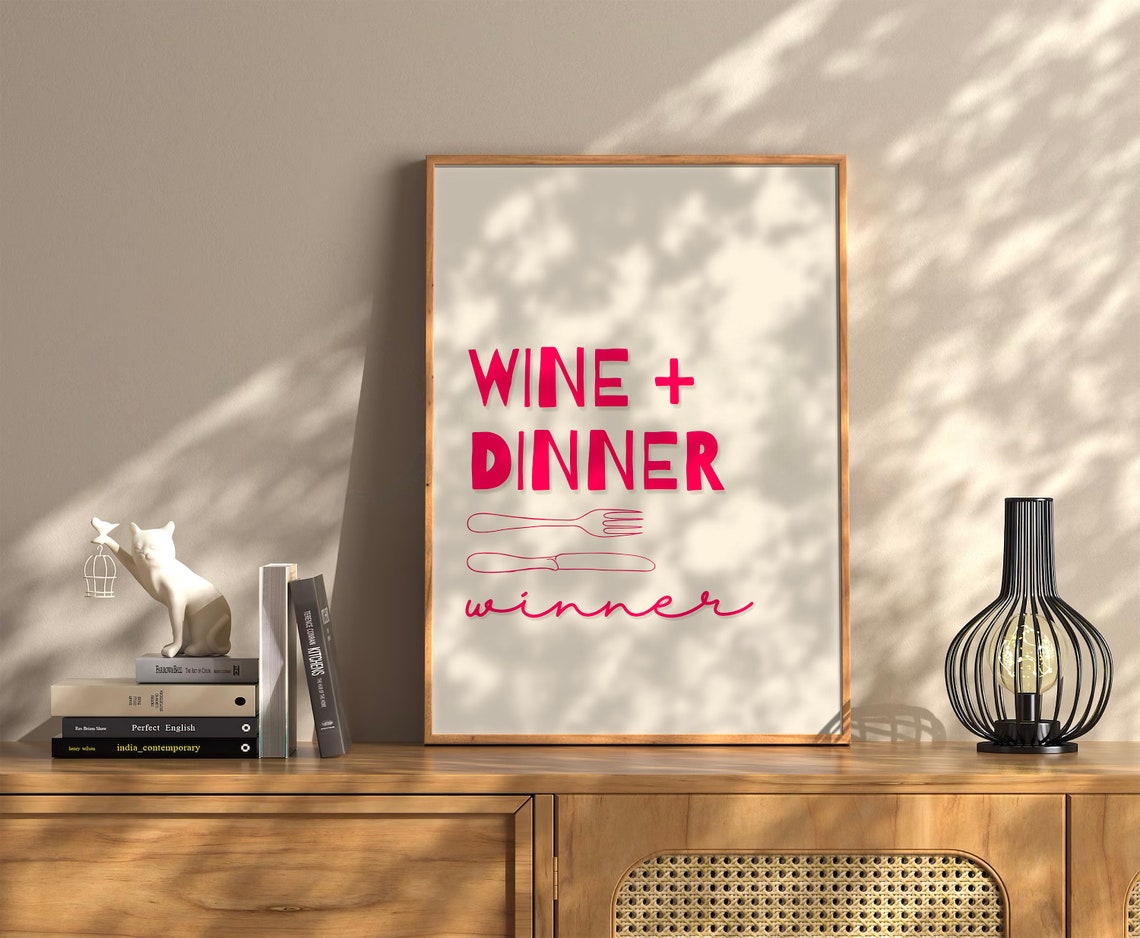 Wine And Dinner Winner Pink Typography Bar Cart Kitchen Decor Poster - Image 2