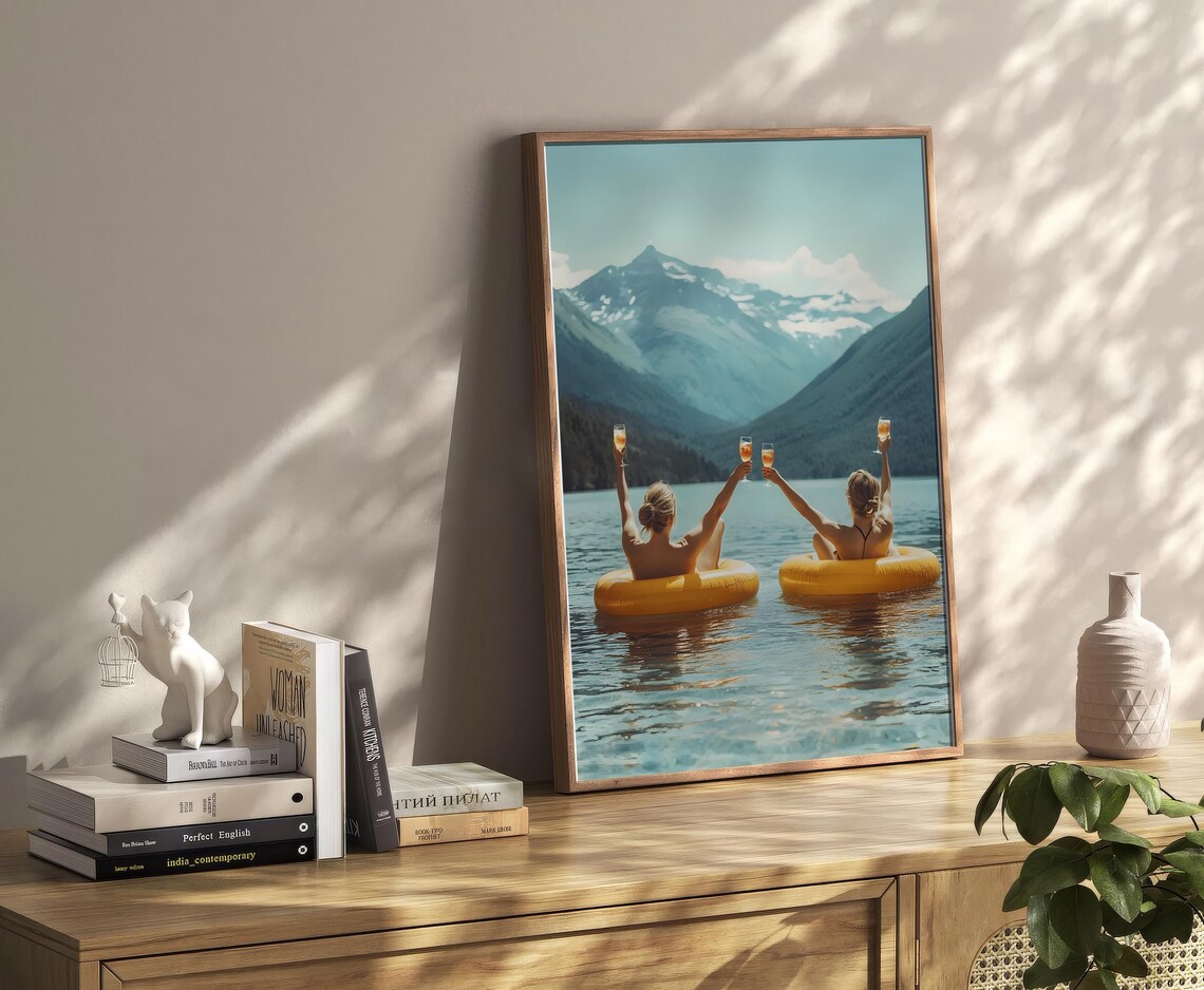 Two Friends Toasting Wine On Lake Floats Mountain View Summer Poster - Image 2