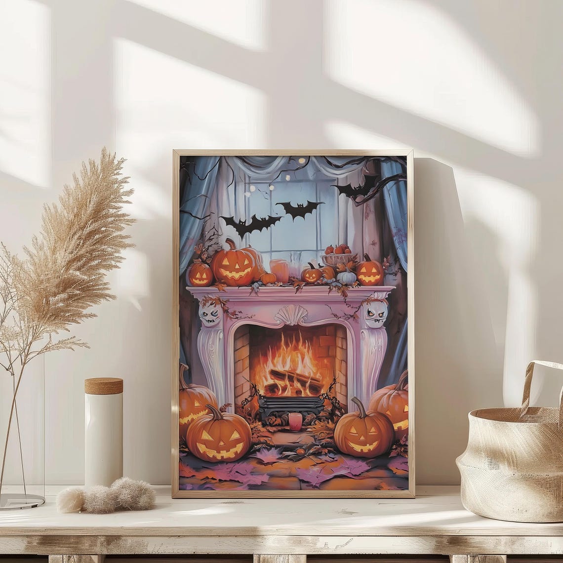 Cute Cozy Halloween Fireplace Mantel Pumpkins Bats Autumn Poster - Image 3