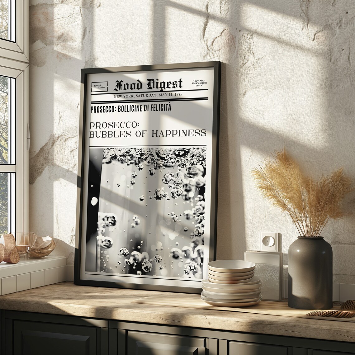 Prosecco Food Digest Newspaper Bubbles of Happiness Bar Art Poster
