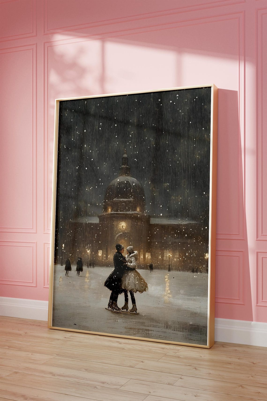 Romantic Ice Skating Couple Night Snow Winter Scene Art Print - Image 3