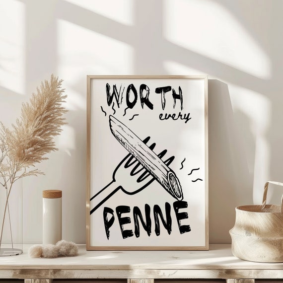 Worth Every Penne Wall Art Therapy Print Vintage Bar Cart Retro Wall Art Aesthetic Kitchen Decor Poster College Apartment Decor Funky