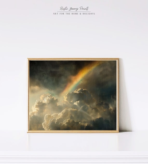 Antique Rainbow In Clouds Oil Painting Wall Art Vintage Dark Academia Print Moody Cottagecore Instant