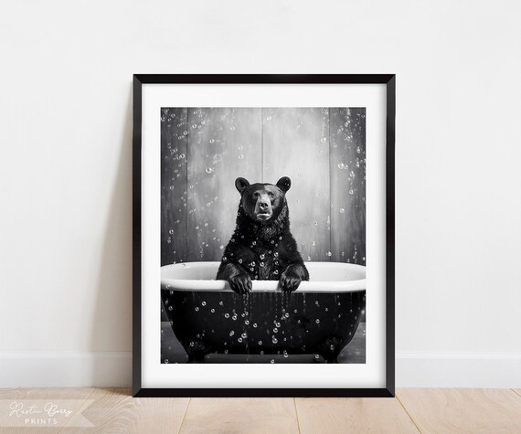 Black Bear Bathing In Clawfoot Tub Black And White Whimsical Wall Art Poster