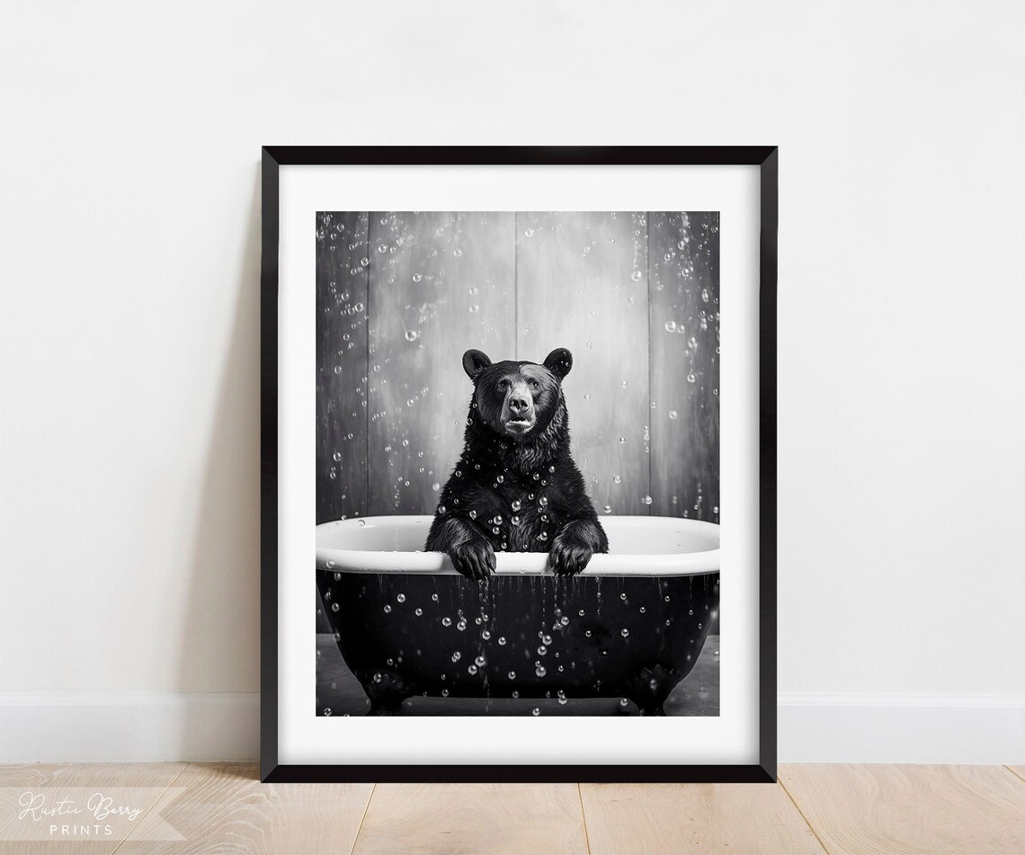 Black Bear Bathing In Clawfoot Tub Black And White Whimsical Wall Art Poster