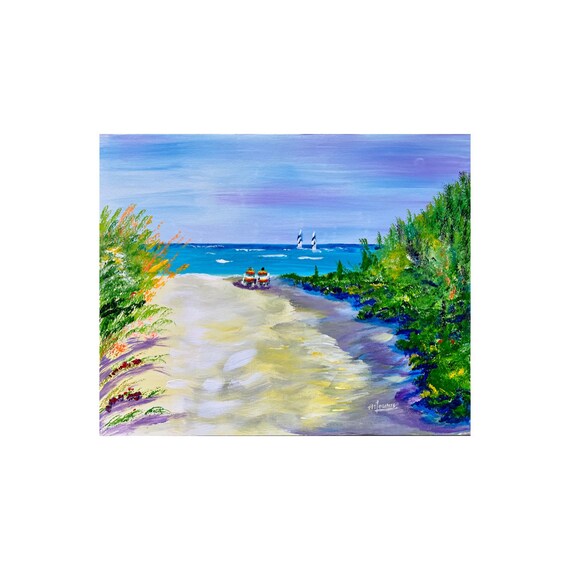 Beach Path To Ocean Couple Sandy Trail Sailboats Coastal Painting Poster