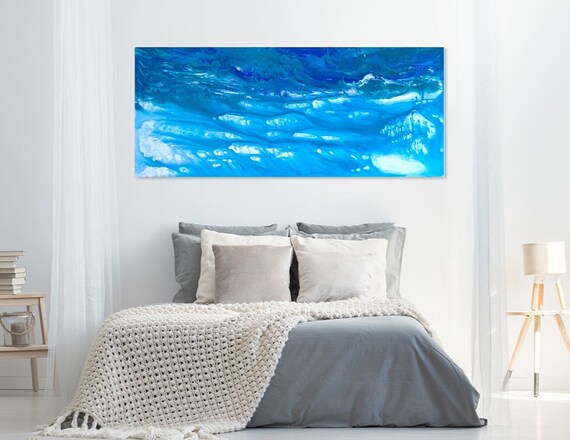 Extra Long Abstract Ocean Waves Painting Blue Panoramic Above Bed Wall Art