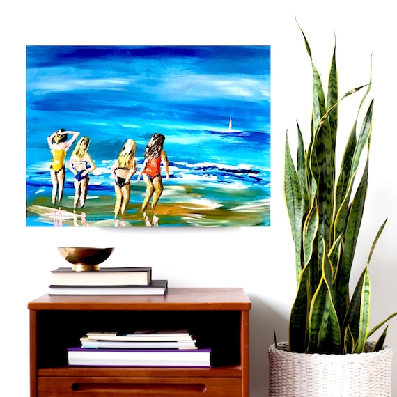 Four Women Beach Painting Sisters Ocean Walk Friendship Coastal Wall Art Print