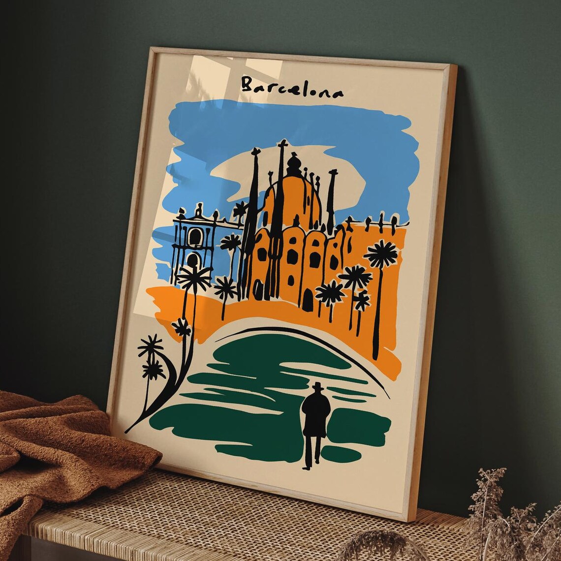 Barcelona Handdrawn Cathedral Palms Orange Travel Retro Poster