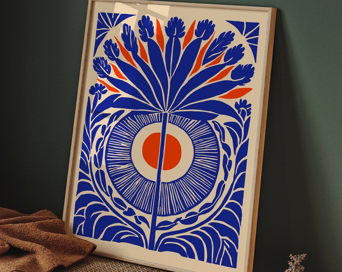 Blue Orange Abstract Floral Sun Linocut Style Modern Art Print