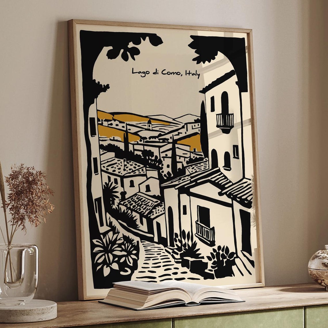 Romantic Lago Di Como Italy Village Street Poster In Black Ink