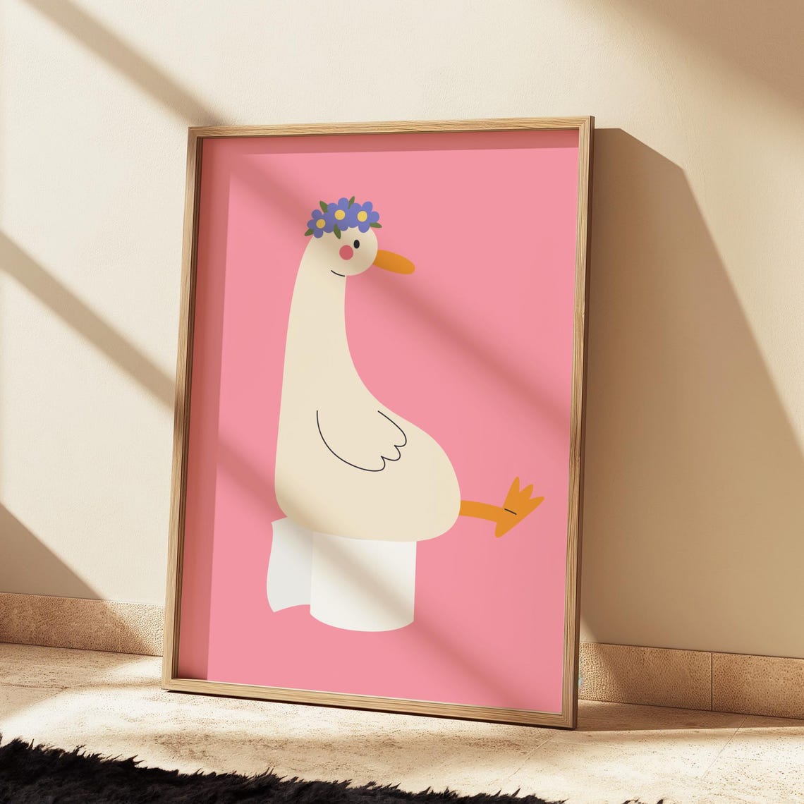 Cute Goose Flower Crown Pink Background Whimsical Animal Poster