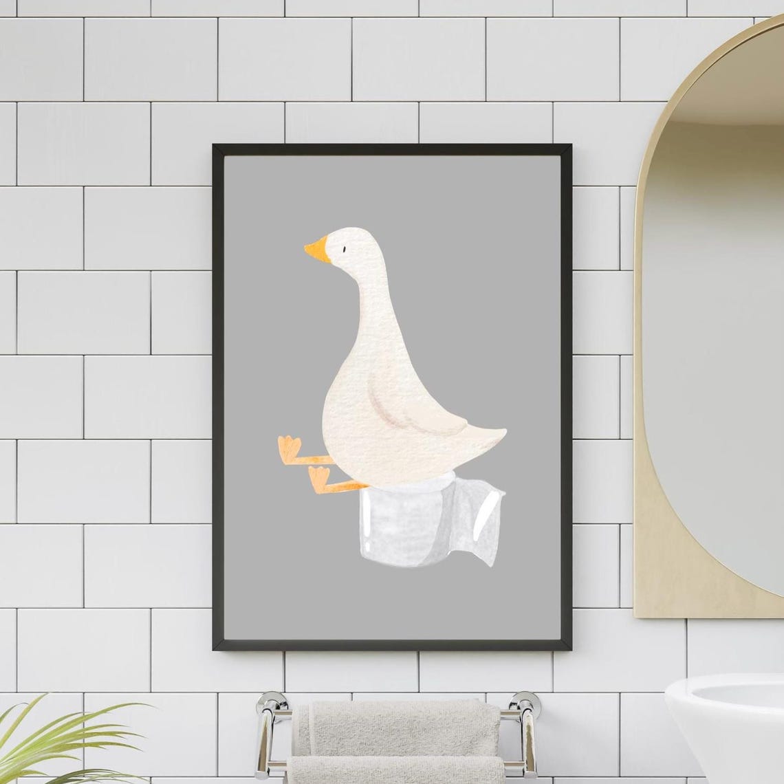 Funny Goose On Toilet Paper Roll Gray Background Bathroom Poster