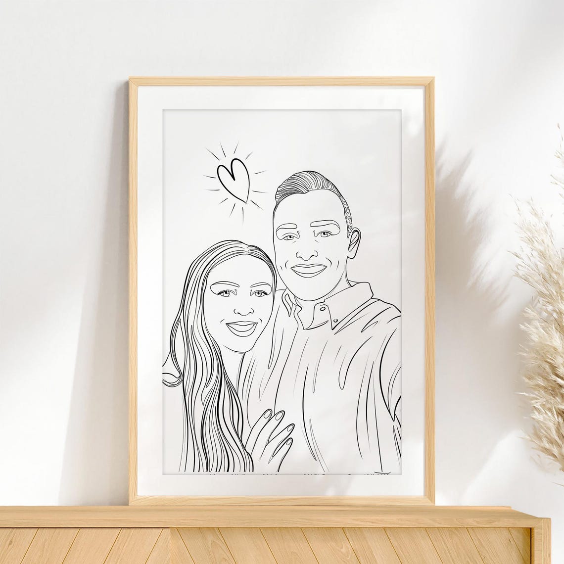 Joyful Couple Selfie Line Portrait with Radiant Heart Poster