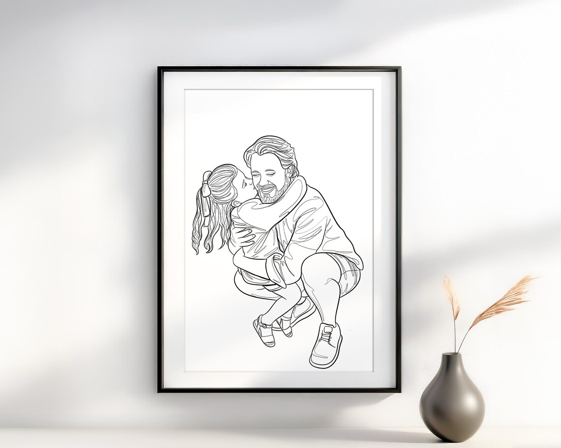 Proud Dad with Two Kids Line Drawing Family Hug Portrait Poster - Image 3