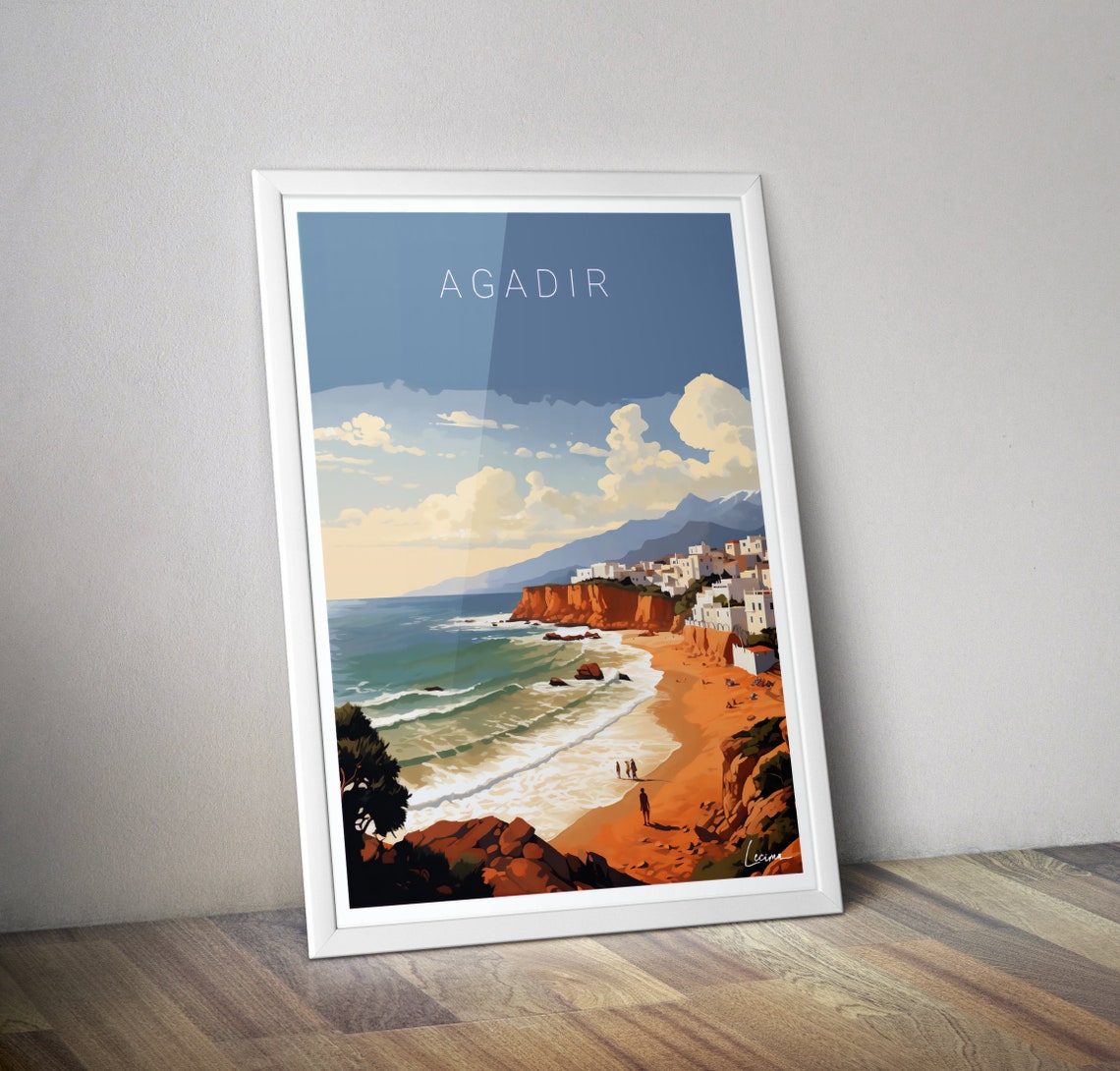 Agadir Morocco Sunset Orange Cliffs Beach Hillside Travel Poster