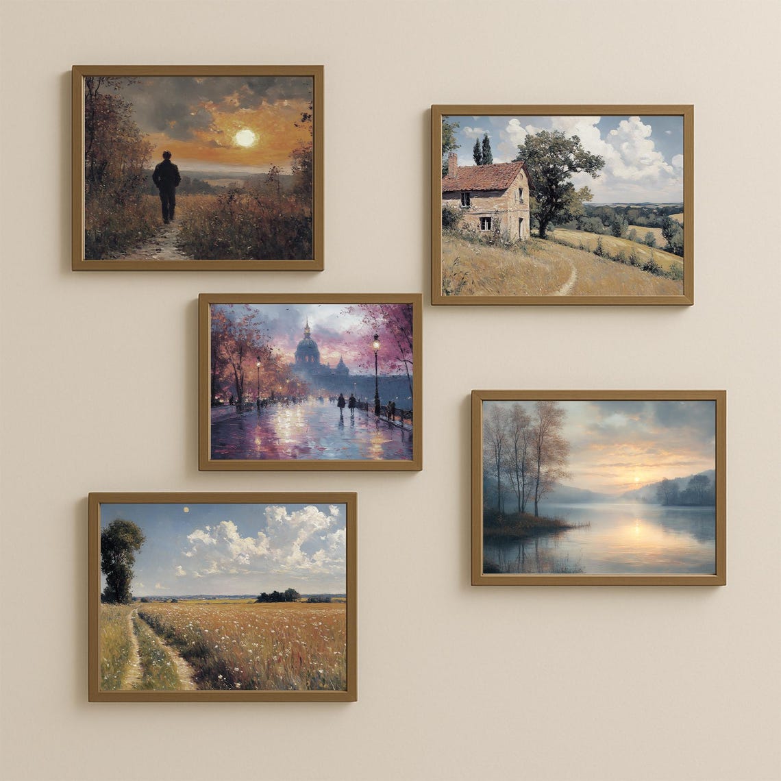 Set Of 5 Vintage Landscape Paintings Neutral Rustic Gallery Wall Art