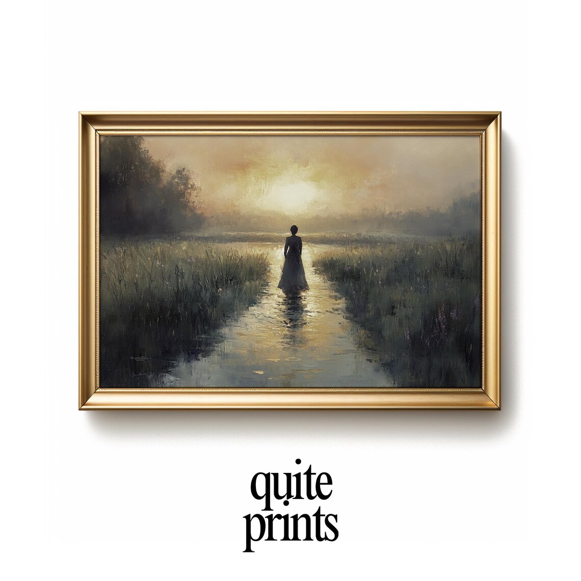 Solitary Woman Sunset Marsh Moody Golden Waterscape Figure Poster