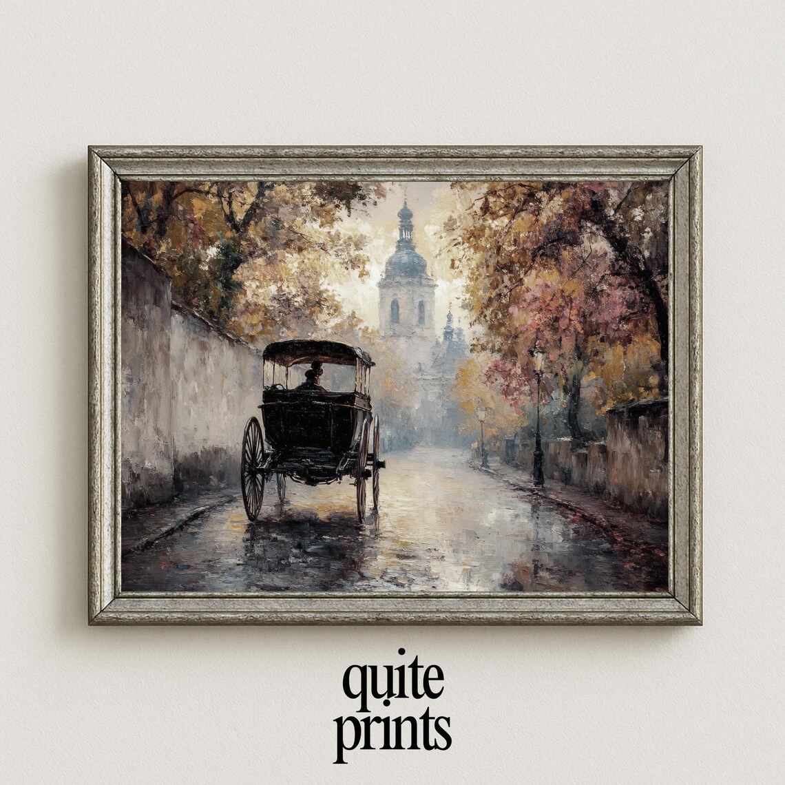 Horse-Drawn Carriage On Rainy Old Town Street With Cathedral Poster