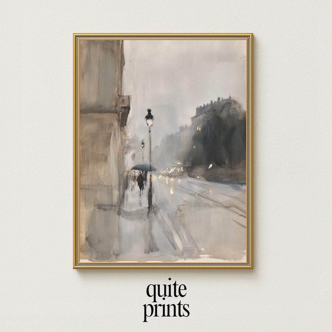 Rainy Paris Street Lamp Impressionist Gray Tones Painting Poster