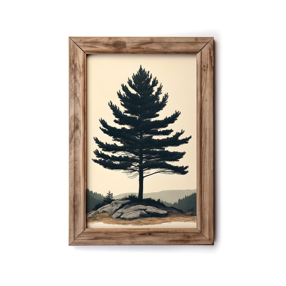 Lone Pine Tree Silhouette Rocky Peak Minimalist Vintage Nature Poster