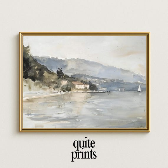 Serene Countryside Lake Landscape Wall Art Soft Watercolor River View