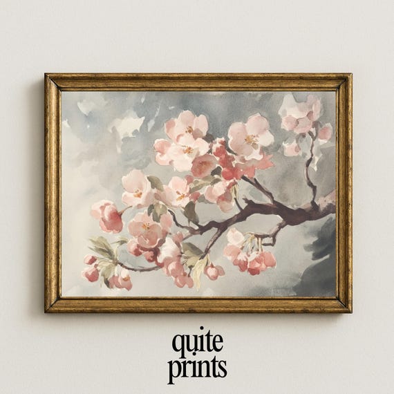 Vintage Cherry Blossom Still Life Wall Art Country Cottage Botanical