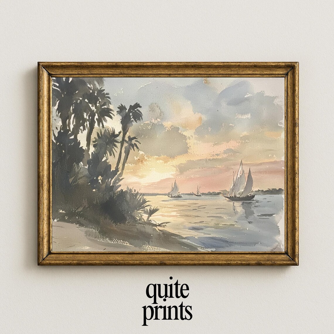 Sunset Beach Sailboats Palm Trees Coastal Watercolor Tropical Ocean Poster