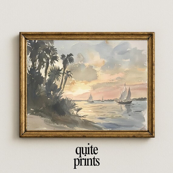 Sunset Beach Sailboats Palm Trees Coastal Watercolor Tropical Ocean Poster