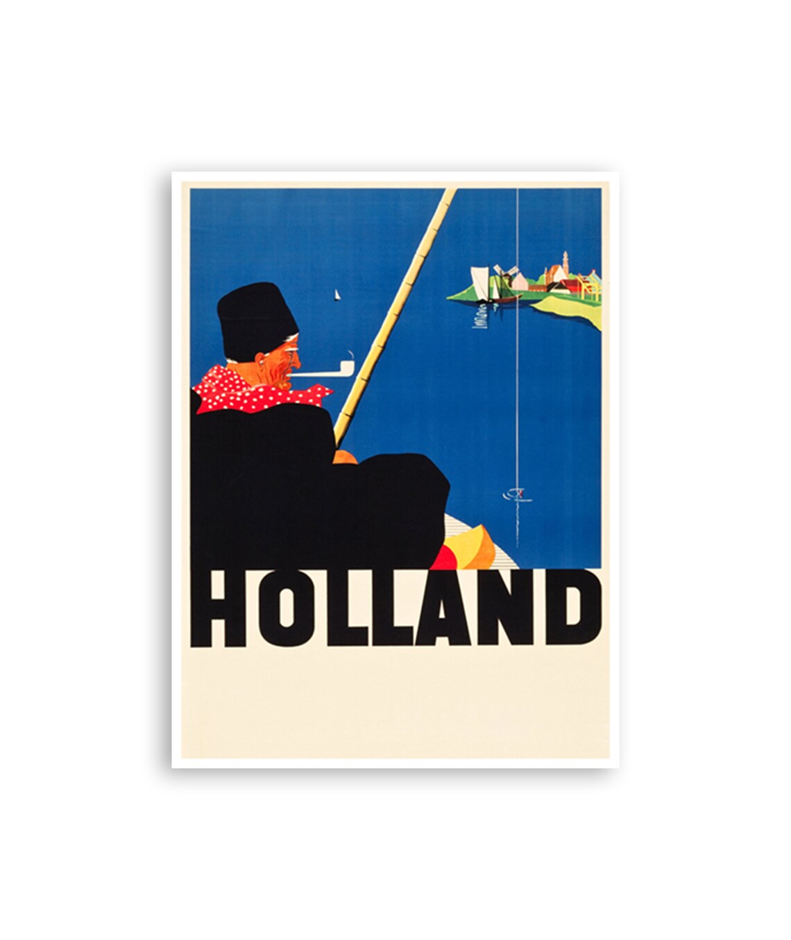 Holland Fisherman Pipe Lakeside Village Vintage Dutch Travel Poster