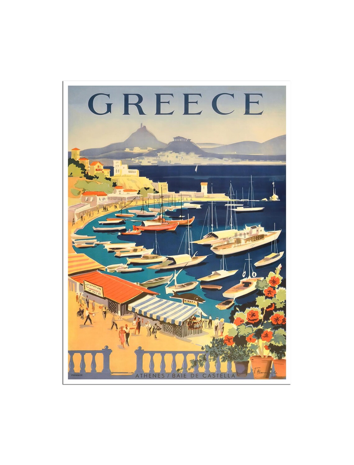 Greece Athens Harbor Vintage Travel Poster Baie De Castella Boats