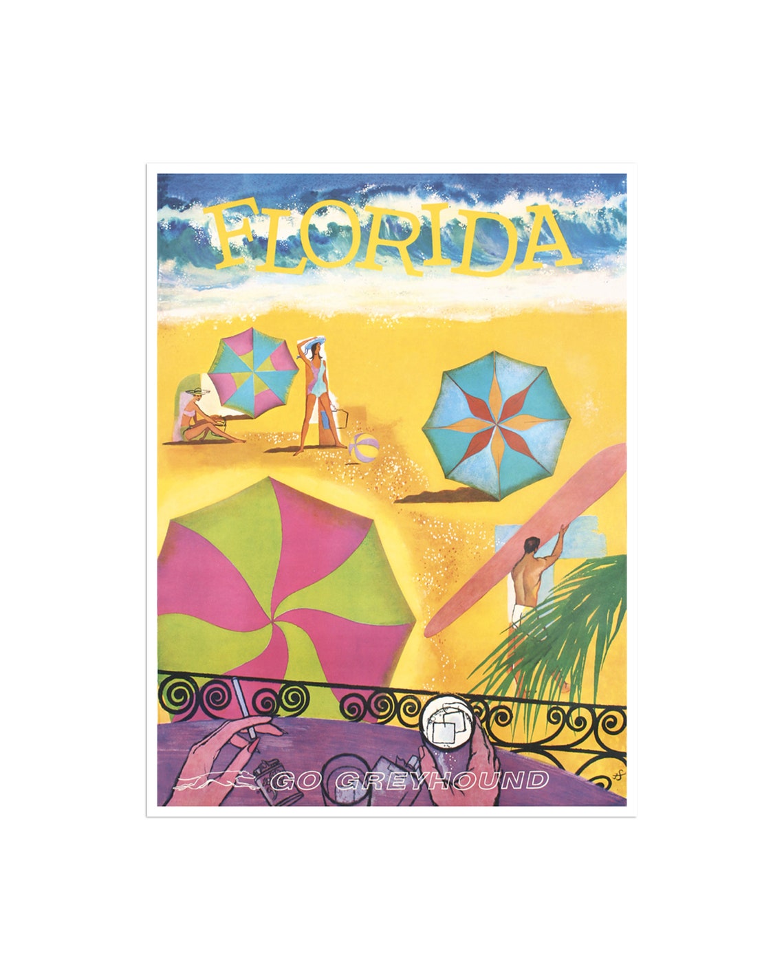 Florida Beach Umbrellas Surfer Vintage Go Greyhound Travel Poster