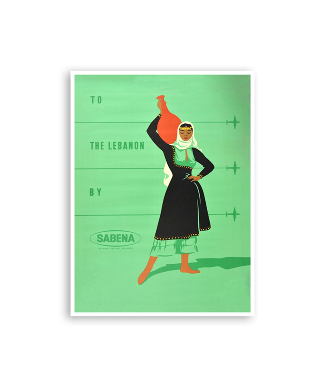 Lebanon Sabena Belgian Airlines Woman Water Jar Green Art Poster