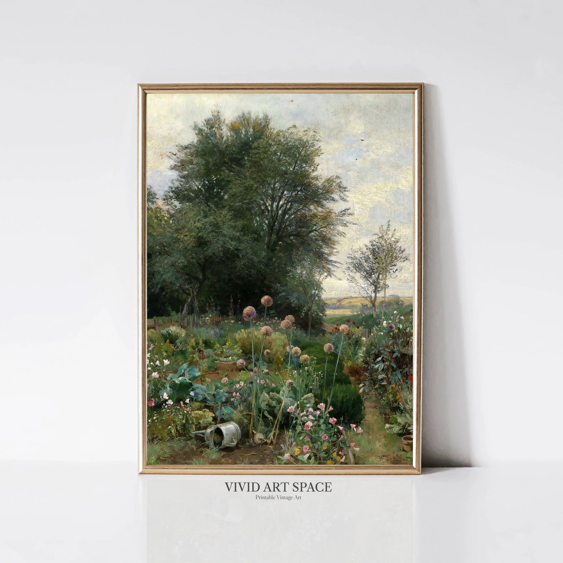 Overgrown Cottage Garden Blooming Flowers Watering Can Vintage Poster