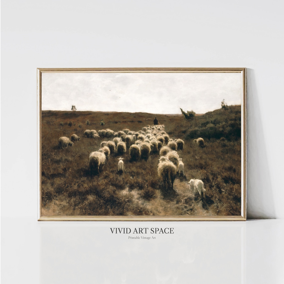 Vintage Sheep Flock Crossing Moody Brown Heathland Scene Poster