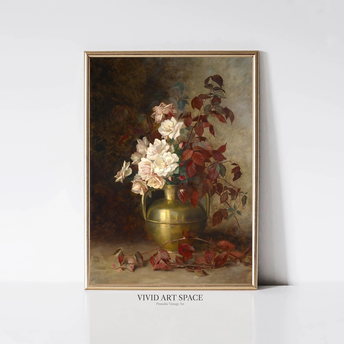 White Roses Brass Vase Dark Vintage Floral Still Life Poster
