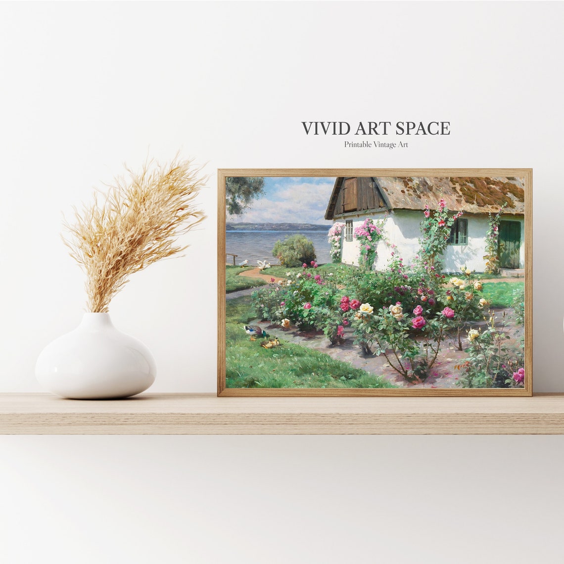 Roses Bloom At Thatched Cottage Garden Vintage Painting Poster - Image 2