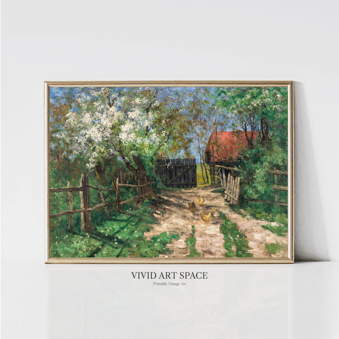 Spring Farm Path Blossom Trees Chickens Vintage Countryside Poster